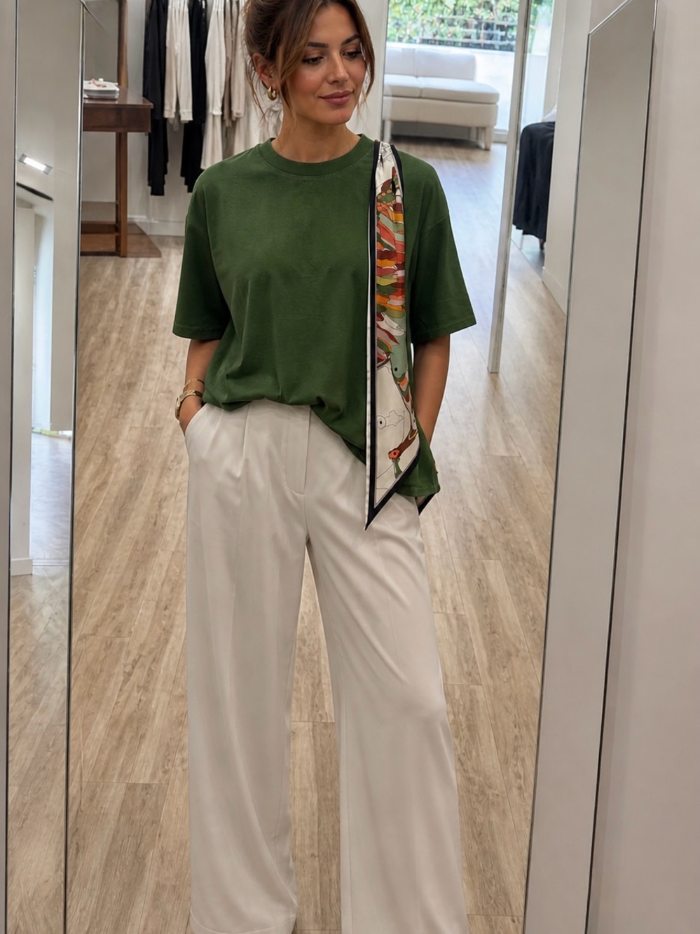 Relaxed Olive Green Short Sleeve Linen Tee with scarf